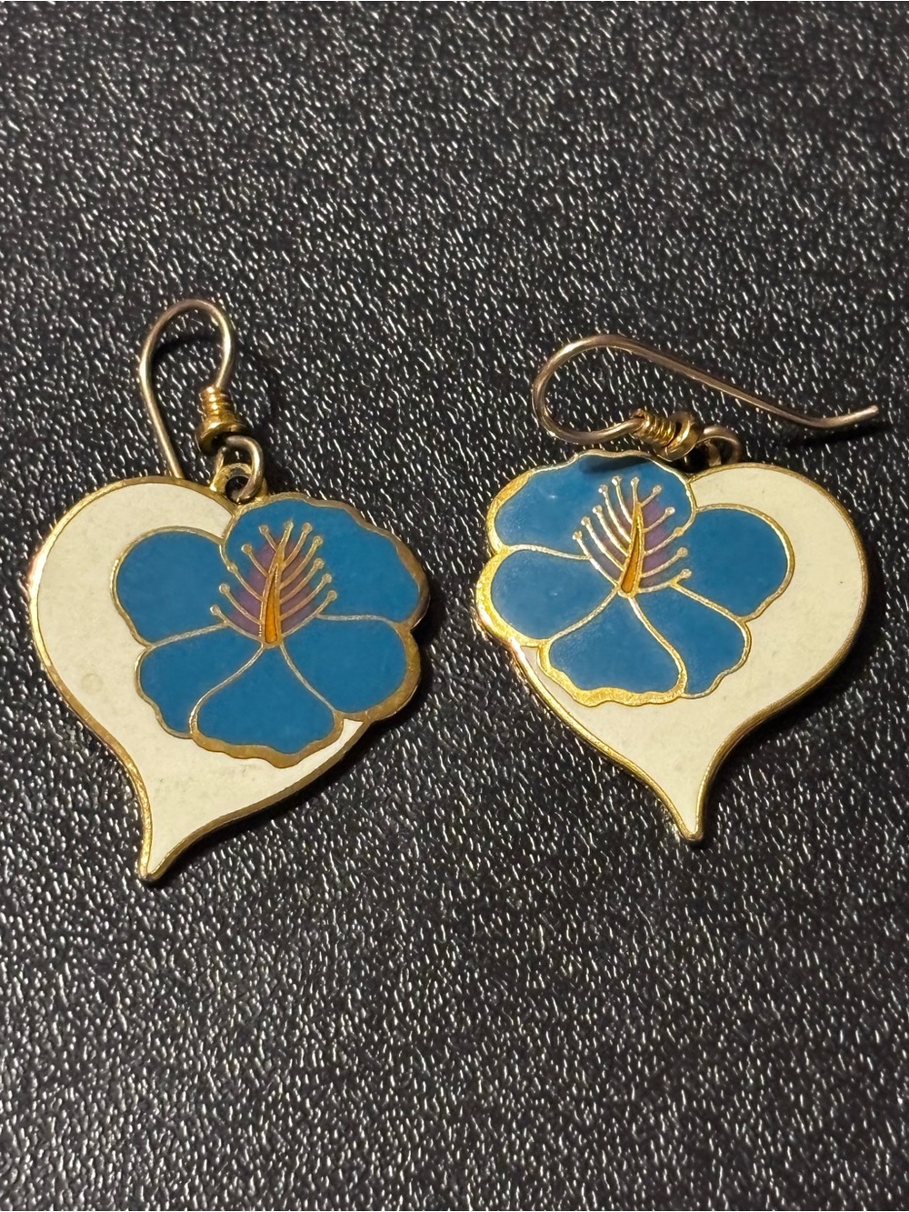 Laurel Burch Blue Floral Heart Drop Earrings Hibiscus Heart Enamel Earrings